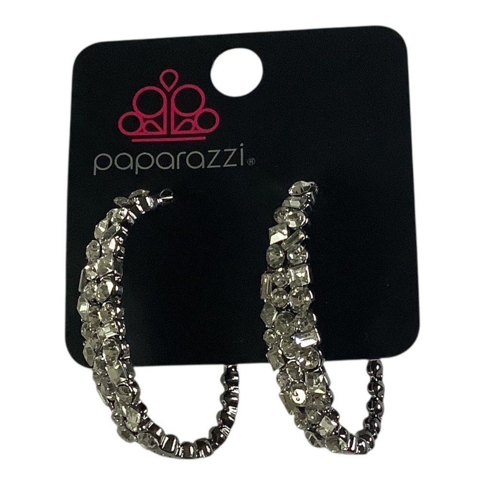 Paparazzi Jewelry A Glitzy‎ Conscience Black Hoop Earrings Rhinestone For Women